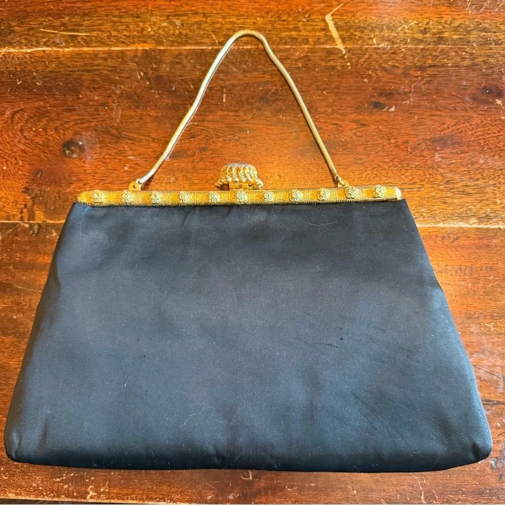Vintage 1950s Black Satin Evening Purse with Ornate Gold Enamel Frame - Picture 8 of 8